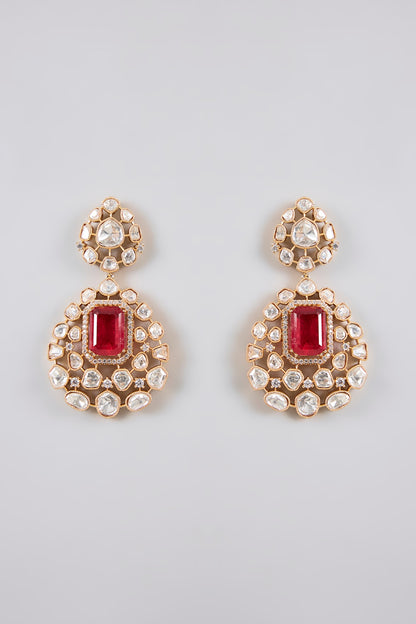 Gold Finish Kundan Polki & Red Stone Necklace Set