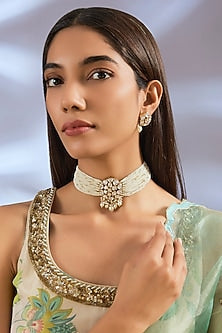 Gold Finish Kundan Polki & Pearl Choker Necklace Set