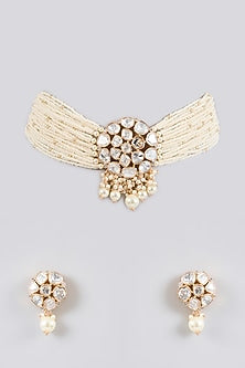 Gold Finish Kundan Polki & Pearl Choker Necklace Set