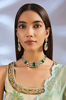 Gold Finish Kundan Polki & Green Stone Necklace Set