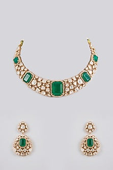Gold Finish Kundan Polki & Green Stone Necklace Set