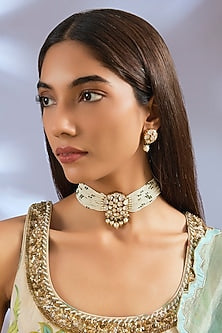 Gold Finish Green Kundan Polki & Pearl Choker Necklace Set