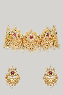 Gold Plated Kundan Polki & Pearl Drop Choker Necklace Set
