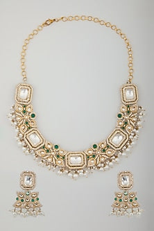 Gold Finish Kundan Polki & Pearl Necklace Set
