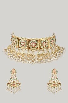 Gold Plated Kundan Polki & Pearl Choker Necklace Set