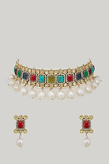 Gold Plated Kundan Polki & Navratna Choker Necklace Set