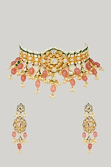 Gold Plated Kundan Polki & Light Pink Drop Choker Necklace Set