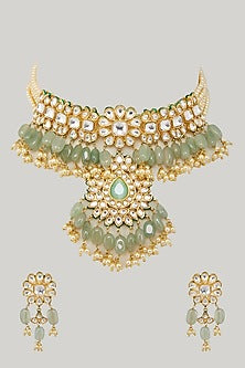 Gold Plated Kundan Polki & Green Beaded Choker Necklace Set