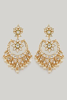 Gold Plated Carved Kundan Polki Chandbali Earrings