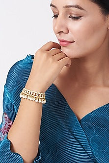 Gold Finish Pearl & Diamond Bracelet In 92.5 Sterling Silver