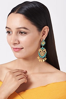Gold Plated Kundan Polki & Turquoise Stone Dangler Earrings In 92.5 Sterling Silver