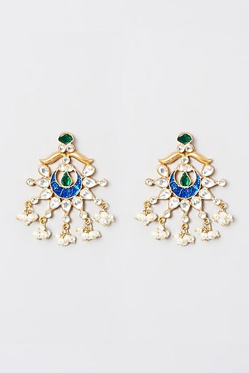 Gold Plated Kundan Polki & Sapphire Stone Earrings In 92.5 Sterling Silver
