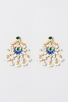 Gold Plated Kundan Polki & Sapphire Stone Earrings In 92.5 Sterling Silver