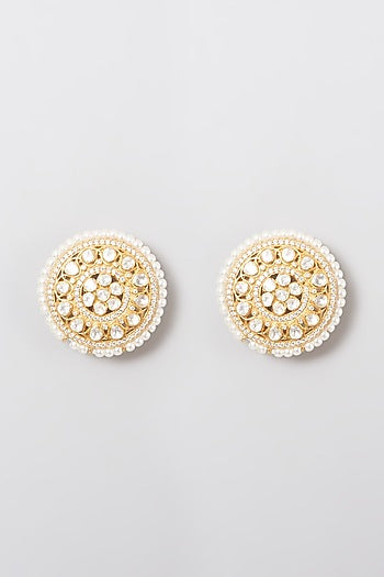 Gold Finish Kundan Polki Stud Earrings In 92.5 Sterling Silver