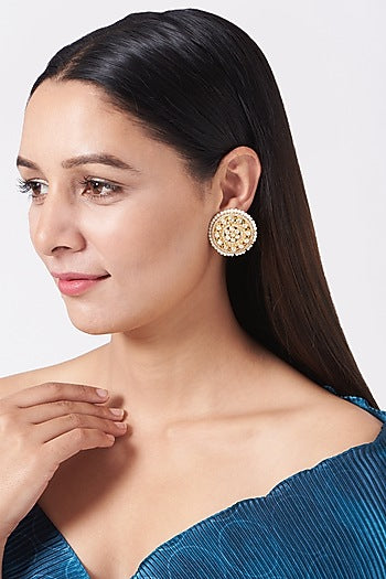 Gold Finish Kundan Polki Stud Earrings In 92.5 Sterling Silver