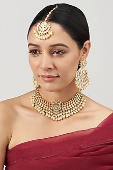 Gold Finish Kundan Polki & Beaded Choker Necklace Set