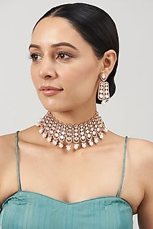 Gold Finish Kundan Polki & Pearl Choker Necklace Set