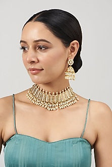 Gold Finish Kundan Polki & Beaded Choker Necklace Set
