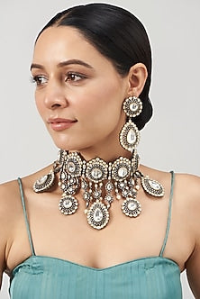 Two Tone Finish Kundan Polki & Pearl Choker Necklace Set