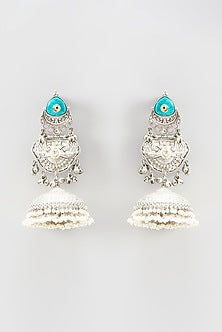 Oxidized Finish Colored Stone & Pearl Jhumka Earrings