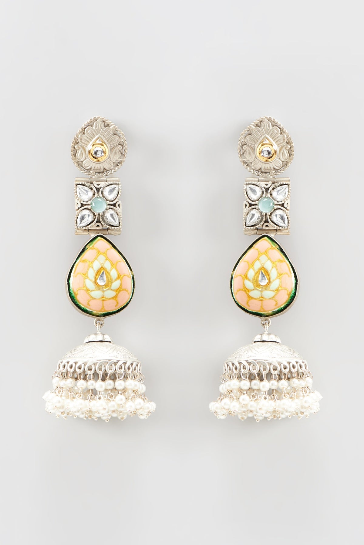 Oxidized Finish Colored Stone & Pearl Jhumka Earrings