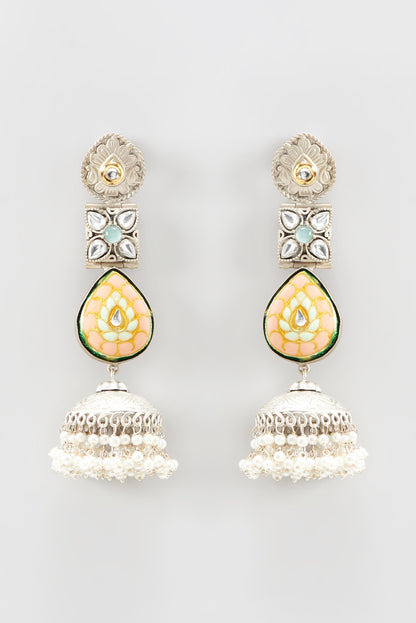 Oxidized Finish Colored Stone & Pearl Jhumka Earrings