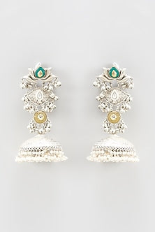Oxidized Finish Colored Stone & Pearl Jhumka Earrings