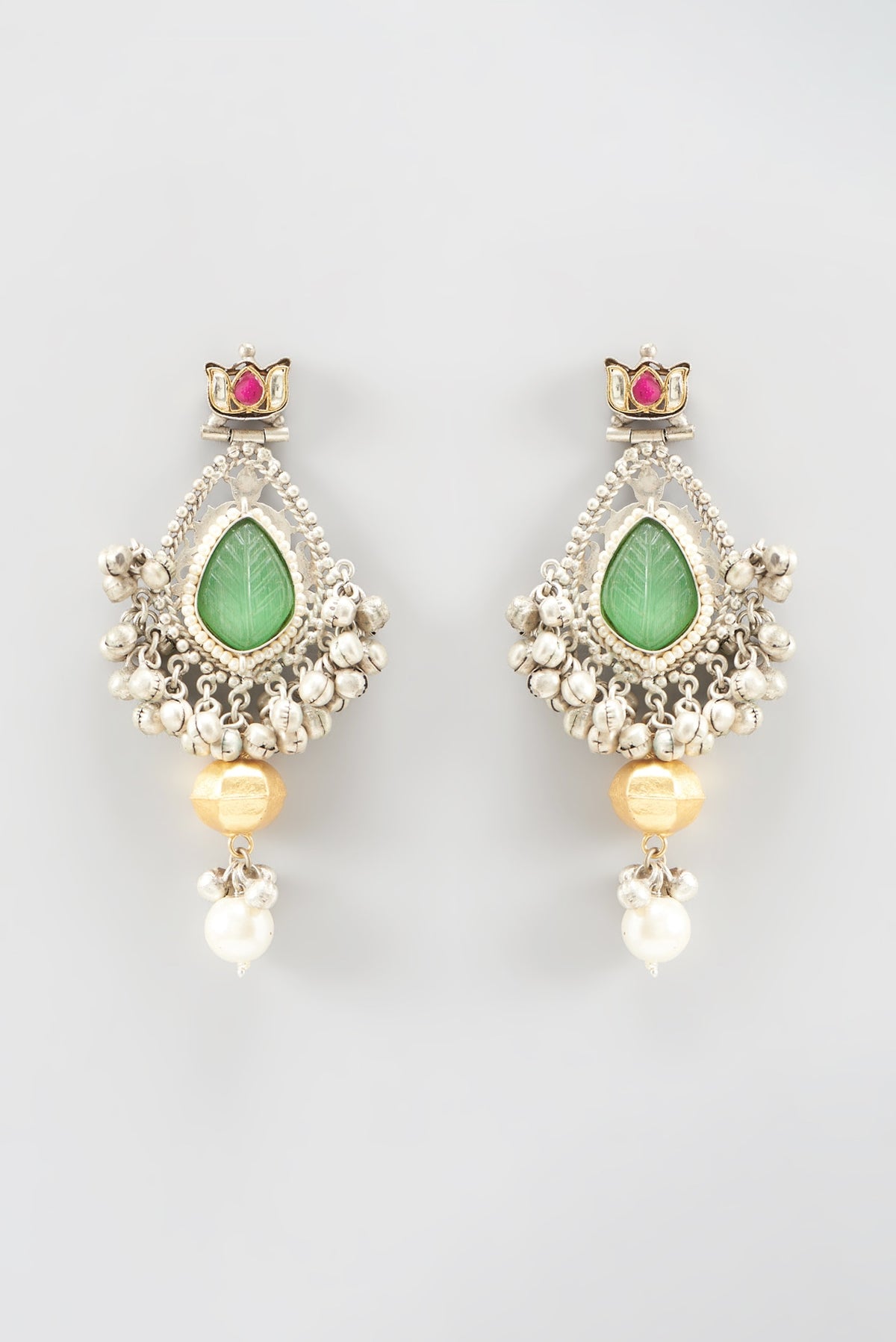 Oxidized Finish Kundan & Beaded Dangler Earrings
