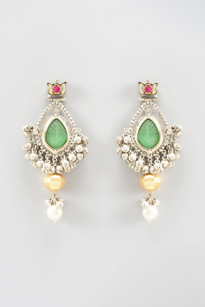 Oxidized Finish Kundan & Beaded Dangler Earrings