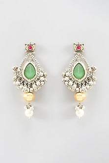 Oxidized Finish Kundan & Beaded Dangler Earrings