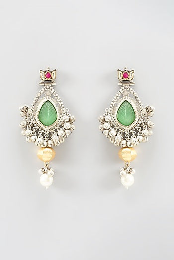 Oxidized Finish Kundan & Beaded Dangler Earrings