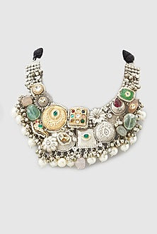 Oxidized Finish Multi-Colored Stone Choker Necklace