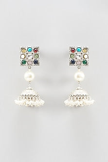 Oxidized Finish Stone & Pearl Jhumka Earrings