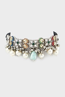 Oxidized Finish Kundan & Pearl Choker Necklace