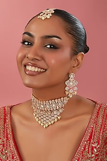 Gold Finish Kundan Polki & Pearl Necklace Set