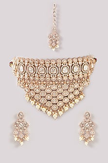 Gold Finish Kundan Polki & Pearl Necklace Set