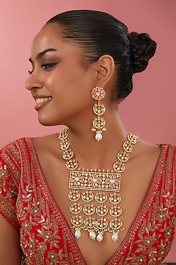 Gold Finish Kundan Polki & Pearl Necklace Set