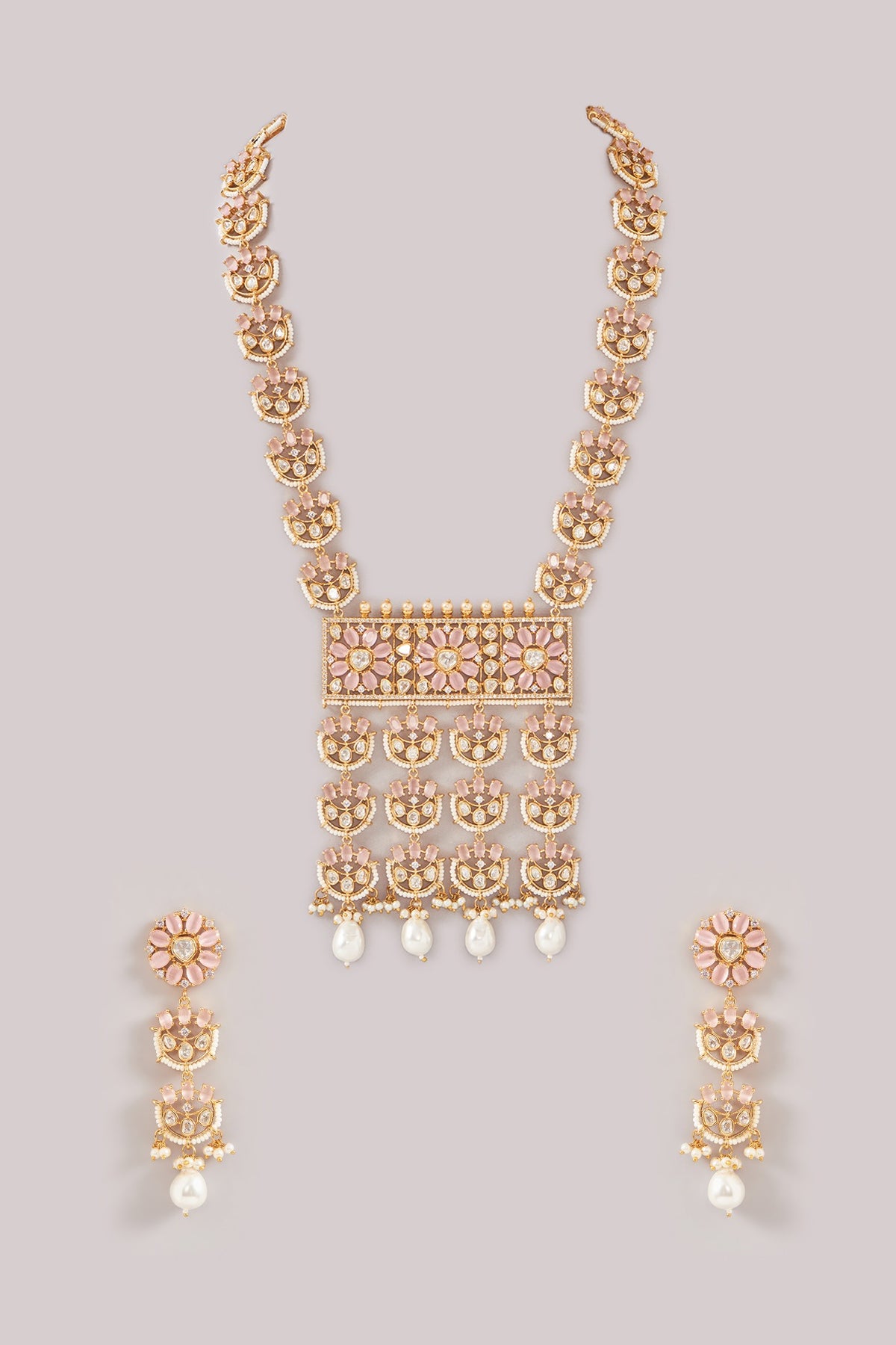 Gold Finish Kundan Polki & Pearl Necklace Set