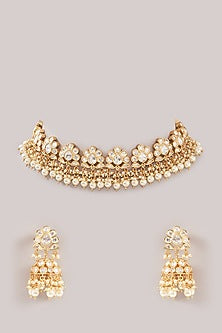 Gold Plated Kundan Polki & Pearl Choker Necklace Set