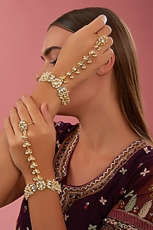 Gold Finish Kundan Polki & Pearl Hathphools (Set of 2)