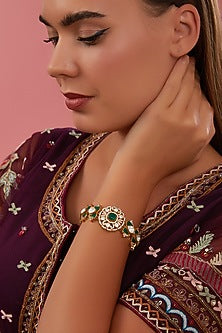 Gold Finish Kundan Polki & Green Stone Bracelet