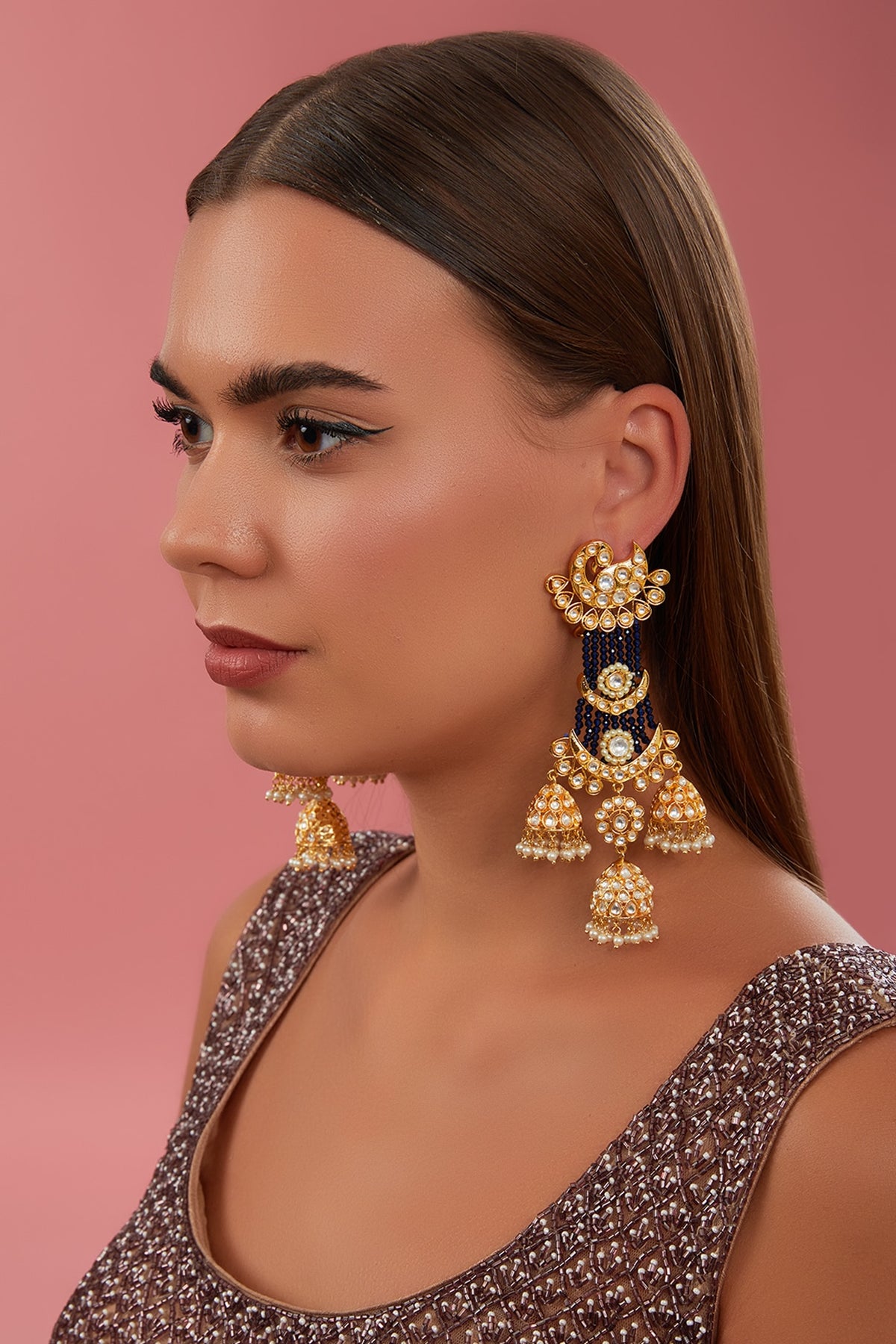 Gold Finish Kundan Polki & Pearl Jhumka Earrings