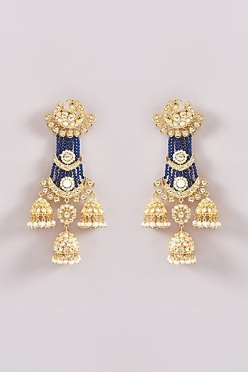 Gold Finish Kundan Polki & Pearl Jhumka Earrings
