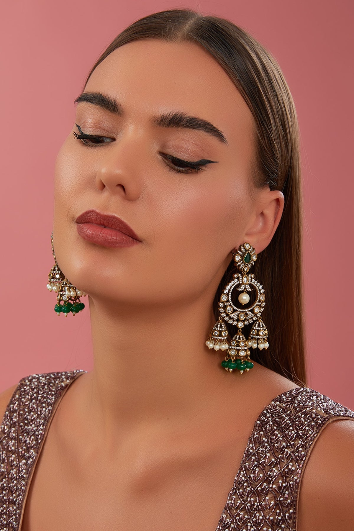 Black Rhodium Finish Kundan Polki & Green Pearl Drop Chandbali Earrings
