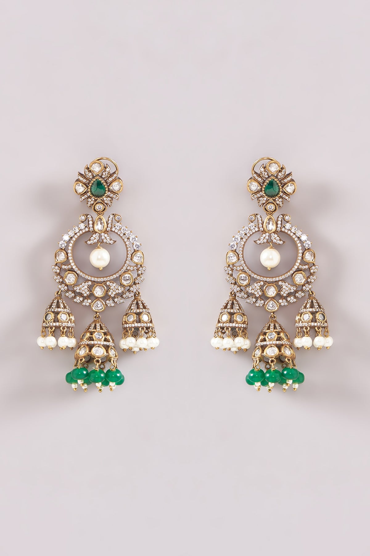 Black Rhodium Finish Kundan Polki & Green Pearl Drop Chandbali Earrings