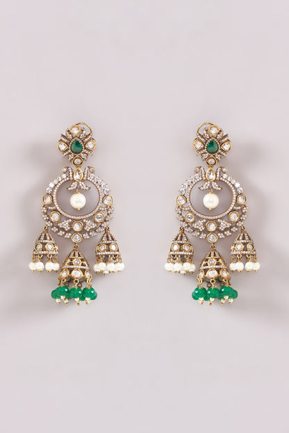 Black Rhodium Finish Kundan Polki & Green Pearl Drop Chandbali Earrings