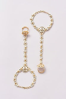 Gold Finish Kundan Polki & Pearl Hathphools (Set of 2)