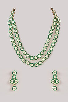 Gold Finish Kundan Polki Meenakari Necklace Set