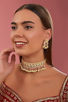 Gold Finish Kundan Polki & Pearl Choker Necklace Set
