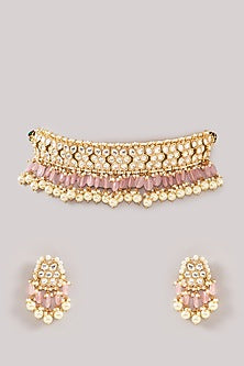 Gold Finish Kundan Polki & Pearl Choker Necklace Set
